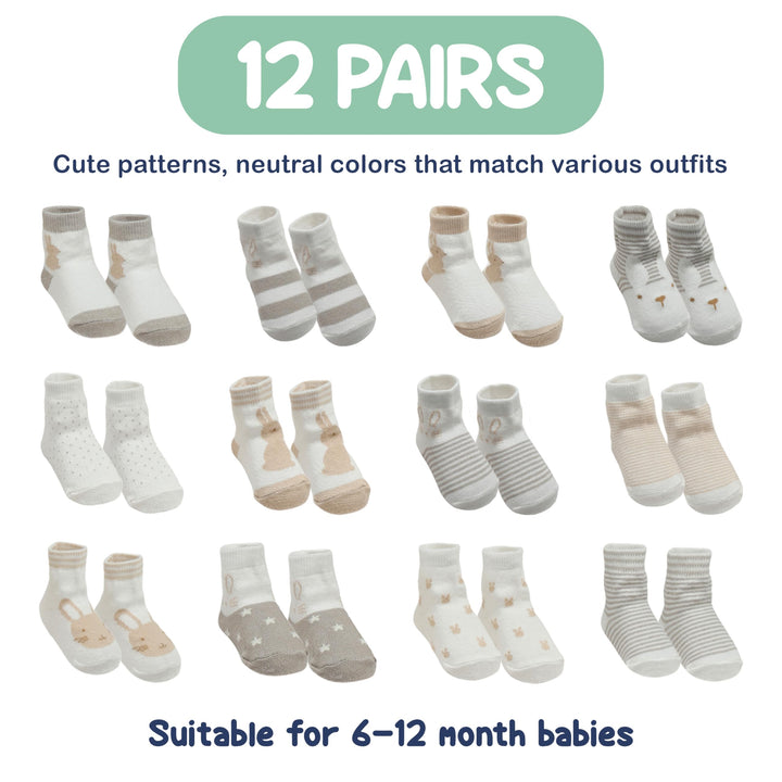 Mother's Choice Organic Cotton Baby Socks 6-12 Months, 12 Pairs Anti Slip Unisex - Soft & Hypoallergenic Baby Girl & Boys Socks (US, Age, 6 Months, 12 Months, Brown,Gray,White)