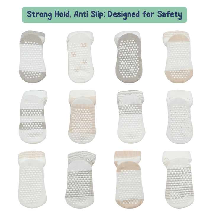 Mother's Choice Organic Cotton Baby Socks 6-12 Months, 12 Pairs Anti Slip Unisex - Soft & Hypoallergenic Baby Girl & Boys Socks (US, Age, 6 Months, 12 Months, Brown,Gray,White)