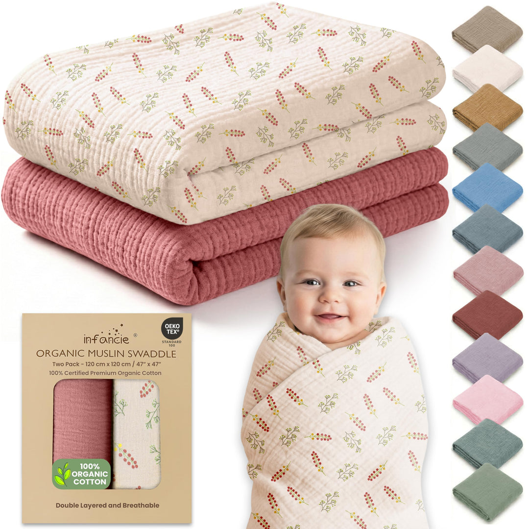 Organic Muslin Baby Blanket 2-Pack Rose & Peach, 47x47 Inch 100% Organic Cotton Oeko-TEX Certified Hypoallergenic Swaddle Blanket for Newborn Girls, Elegant Baby Girl Shower Gift