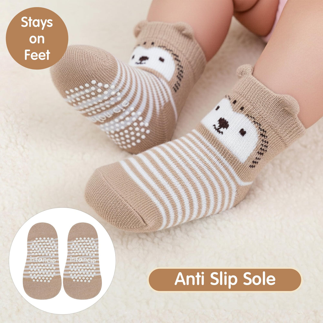 Organic Cotton GOTS Certified Non-Slip Baby Socks 0-6 Months - 7 Pairs Soft Breathable Newborn Socks Animal Design For Infant