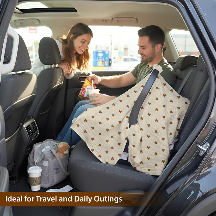 100% Organic Muslin Cotton Car Seat Cover 35 x 50 Inches Soft Touch Breathable Canopy, Protective Car Seat Cover Baby All Seasons Lightweight Car Seat Cover Travel Comfort (Ivory)