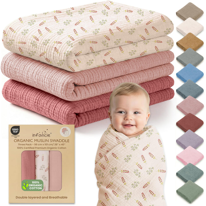 Organic Muslin Baby Blanket 2-Pack Rose & Peach, 47x47 Inch 100% Organic Cotton Oeko-TEX Certified Hypoallergenic Swaddle Blanket for Newborn Girls, Elegant Baby Girl Shower Gift