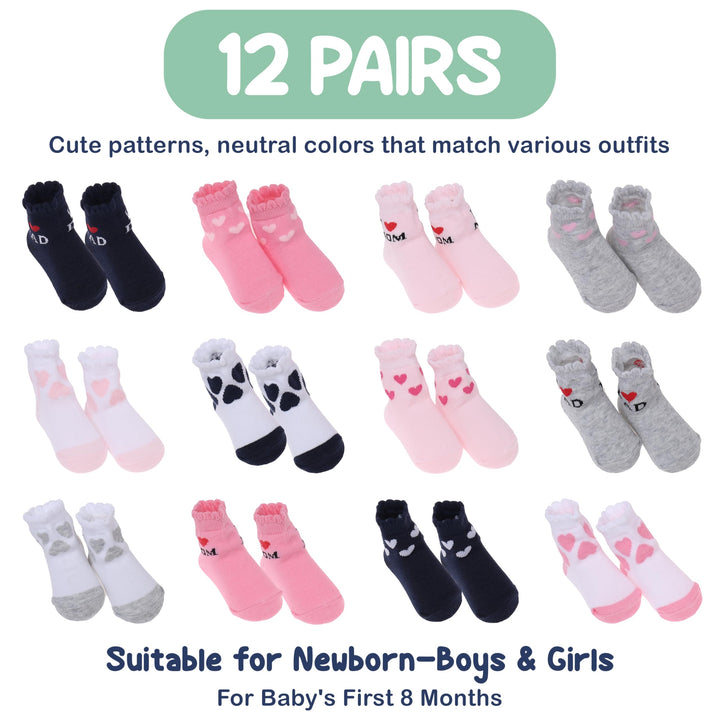 Mother's Choice Organic Cotton Baby Socks, 12 Pairs, Unisex 0-6 Months - Soft, Hypoallergenic Newborn & Infant Socks - Baby Girl & Boy Gifts