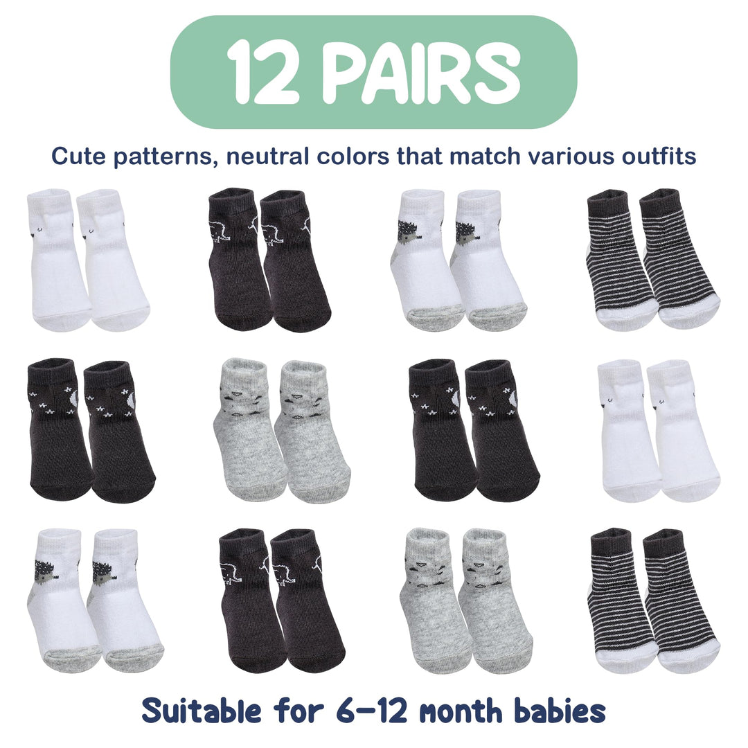 Mother's Choice Organic Cotton Baby Socks 6-12 Months, 12 Pairs Unisex Anti Slip - Soft & Hypoallergenic Baby Girl & Boys Socks (US, Age, 6 Months, 12 Months, Black - White - Gray 12 Pair)