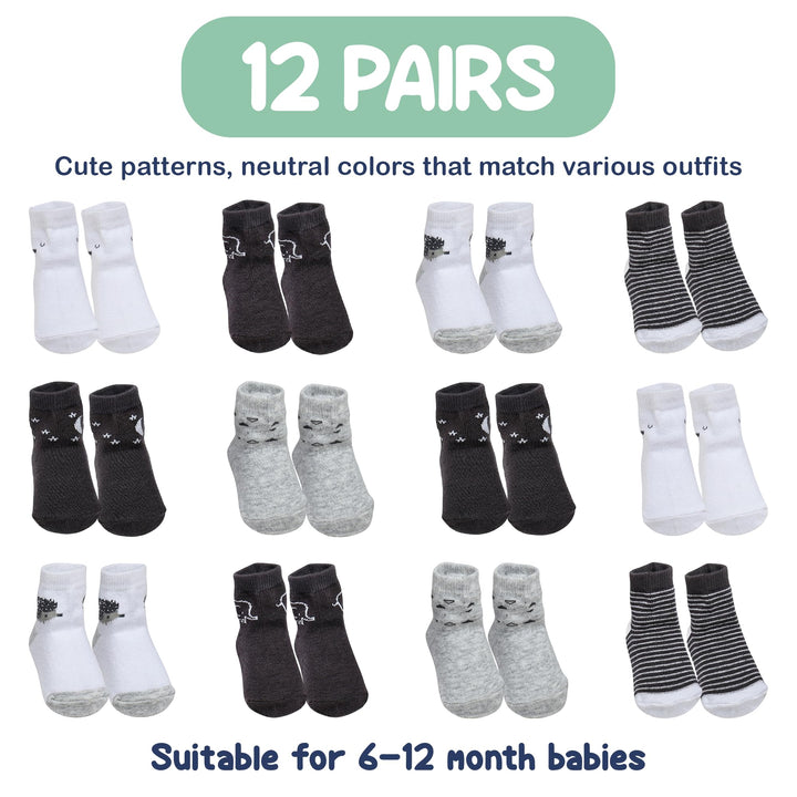 Mother's Choice Organic Cotton Baby Socks 6-12 Months, 12 Pairs Unisex Anti Slip - Soft & Hypoallergenic Baby Girl & Boys Socks (US, Age, 6 Months, 12 Months, Black - White - Gray 12 Pair)