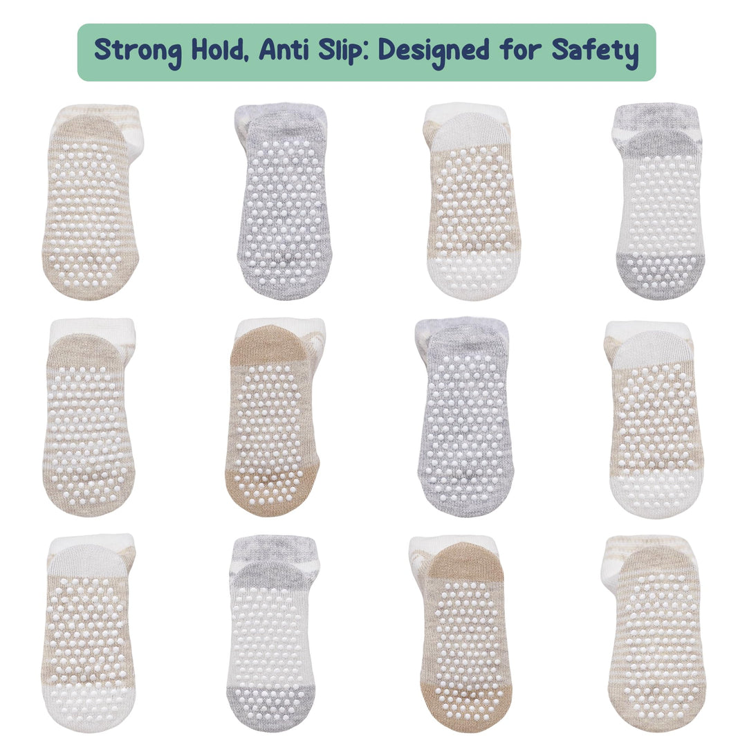 Mother's Choice Organic Cotton Baby Socks 6-12 Months, 12 Pairs Unisex Anti Slip - Soft & Hypoallergenic Baby Girl & Boys Socks (US, Age, 6 Months, 12 Months, Brown & White)
