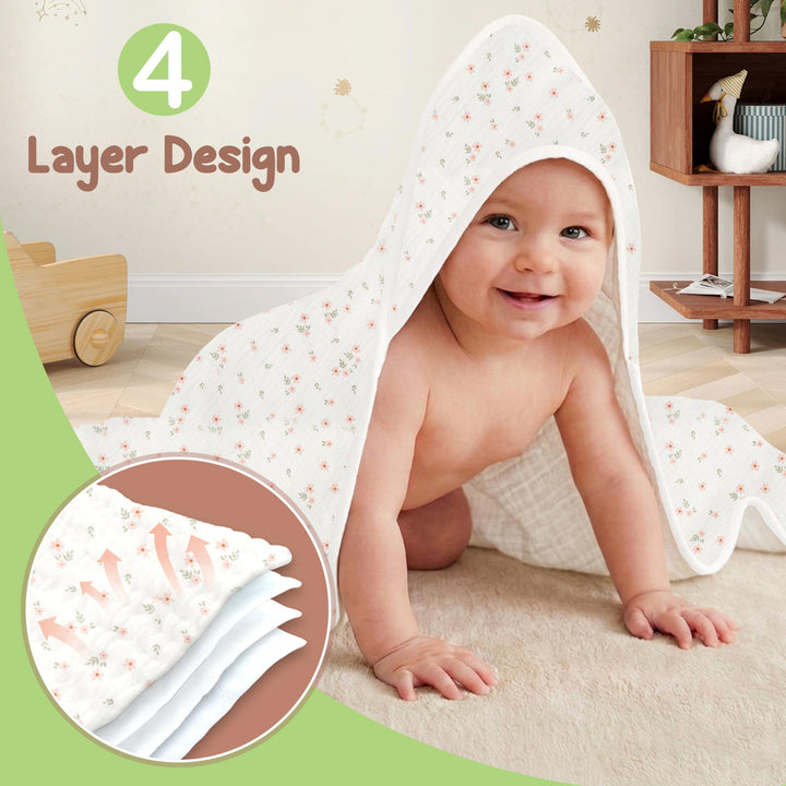 100% Organic Cotton Muslin Baby Hooded Towels 32x32 Inch – 2 Pack Soft & Absorbent Baby Towels for Newborn for Boys & Girls, Premium Hooded Towels, Ultra-Gentle Baby Essentials in Rose/Peach