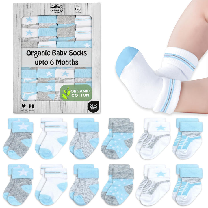 Mother's Choice Organic Cotton Baby Socks, 12 Pairs, Unisex 0-6 Months - Soft, Hypoallergenic Newborn & Infant Socks - Baby Girl & Boy Gifts, (12Pcs, Blue - Gray - White)