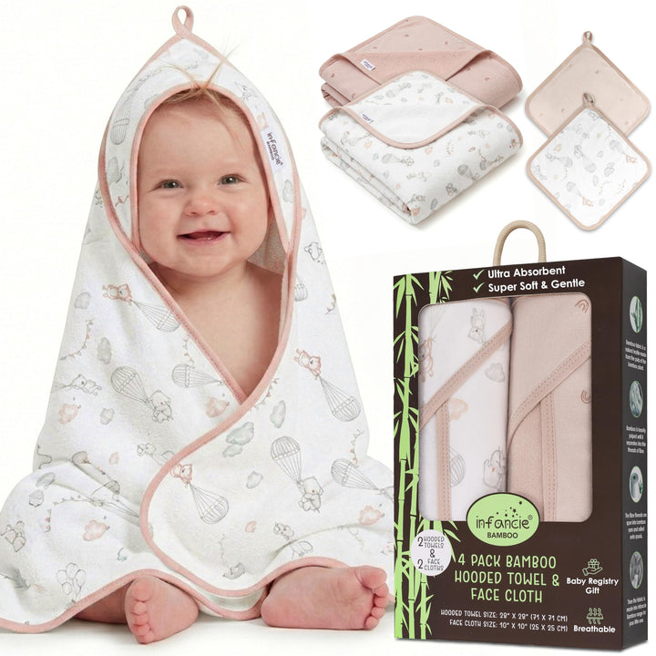 Organic Hooded Baby Towels with Washcloths – 2 Hooded Towel (28x28 inches) & 2 Washcloth (10x10 inches) – Ultra Soft, Absorbent & Cozy Cotton Bath Towels for Newborns and Infants