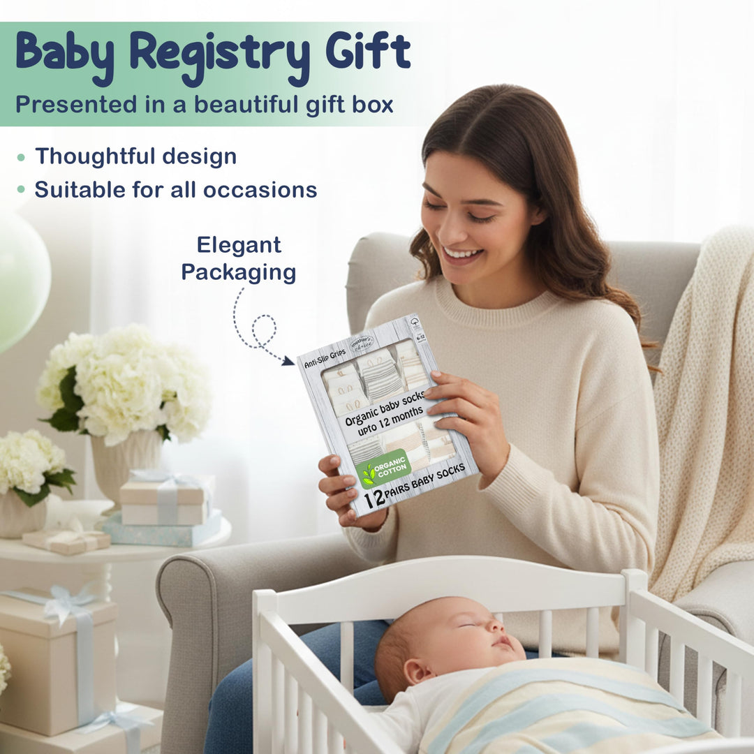 Mother's Choice Organic Cotton Baby Socks 6-12 Months, 12 Pairs Anti Slip Unisex - Soft & Hypoallergenic Baby Girl & Boys Socks (US, Age, 6 Months, 12 Months, Brown,Gray,White)