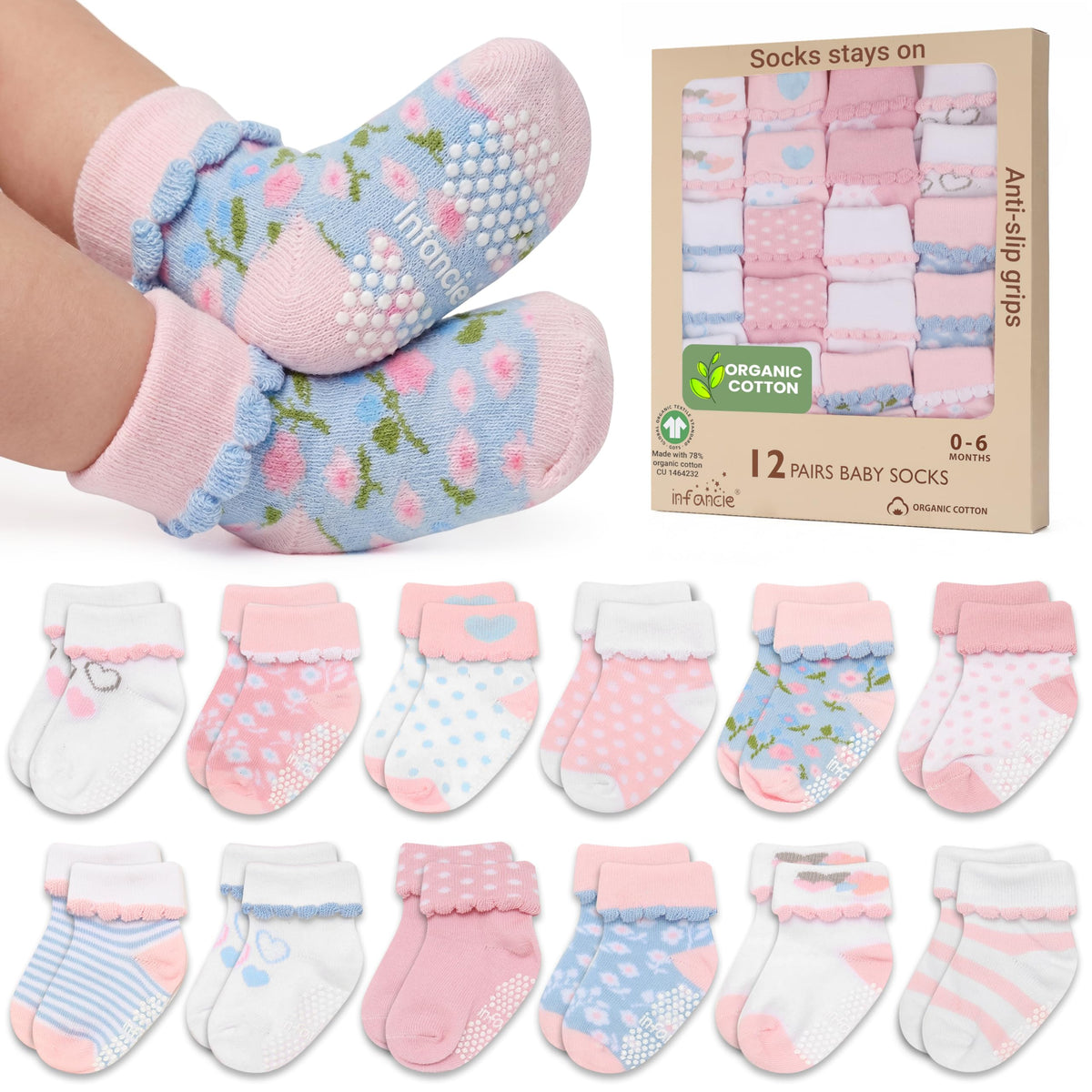 GOTS Certified Organic Cotton Rich Blend Baby Socks - 12 Pairs (6-12 Months)