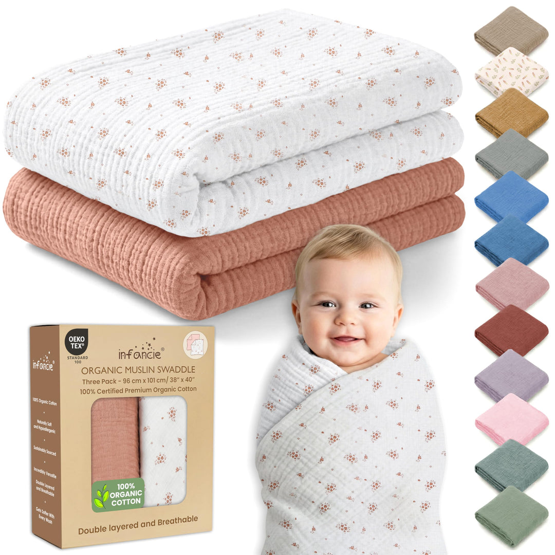 Organic Muslin Baby Blanket 2-Pack Rose & Peach, 47x47 Inch 100% Organic Cotton Oeko-TEX Certified Hypoallergenic Swaddle Blanket for Newborn Girls, Elegant Baby Girl Shower Gift