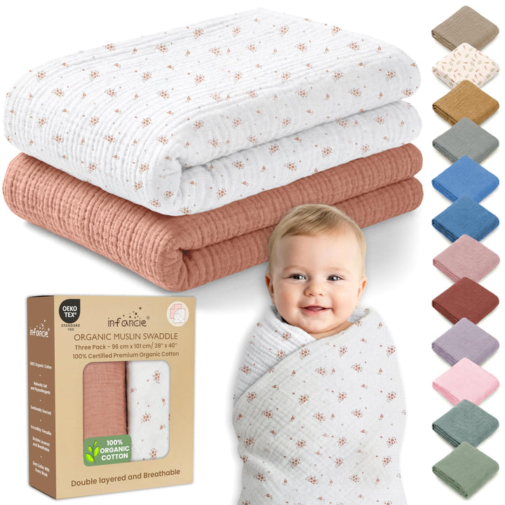 Organic Muslin Baby Blanket 2-Pack Rose & Peach, 47x47 Inch 100% Organic Cotton Oeko-TEX Certified Hypoallergenic Swaddle Blanket for Newborn Girls, Elegant Baby Girl Shower Gift