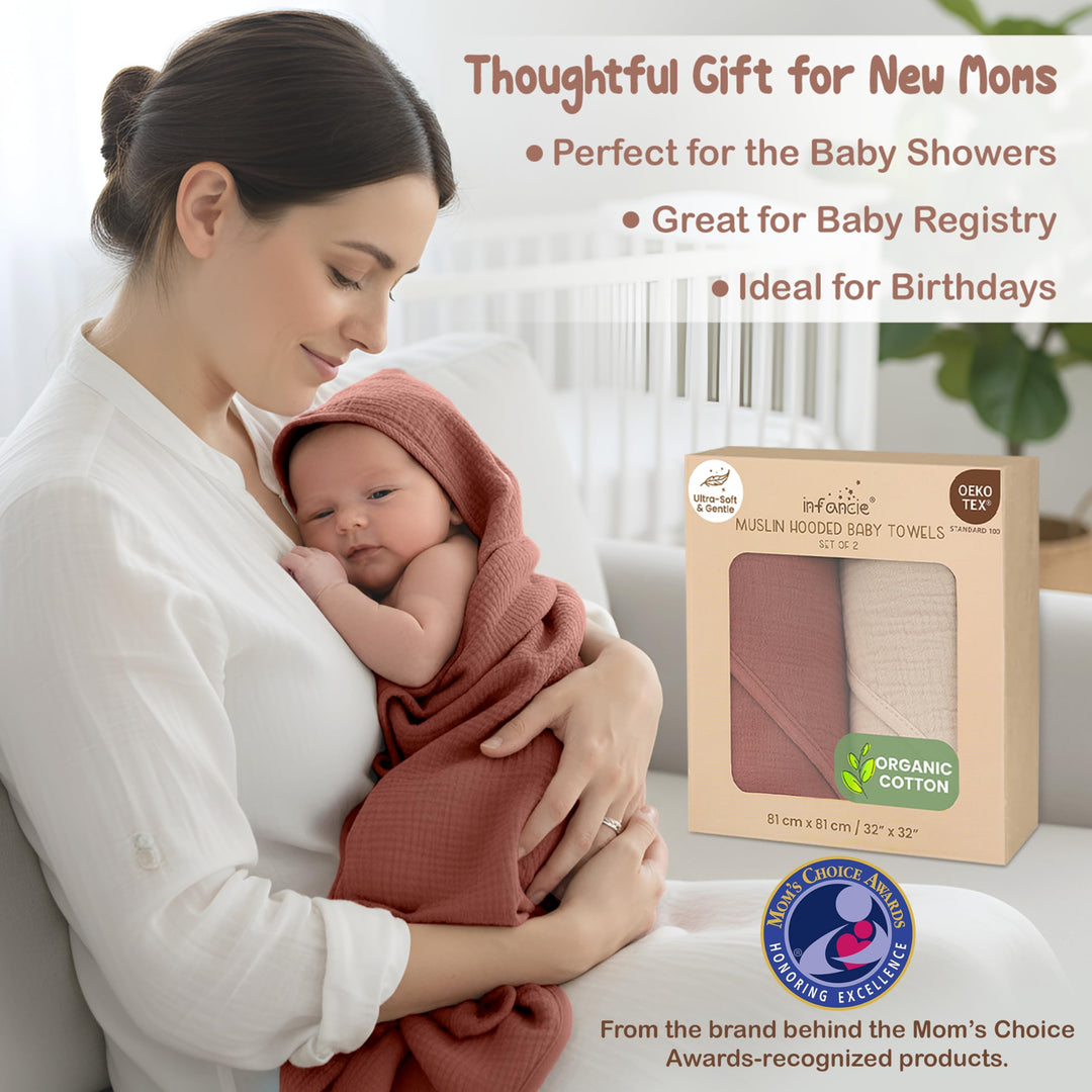 100% Organic Cotton Muslin Baby Hooded Towels 32x32 Inch – 2 Pack Soft & Absorbent Baby Towels for Newborn for Boys & Girls, Premium Hooded Towels, Ultra-Gentle Baby Essentials in Rose/Peach