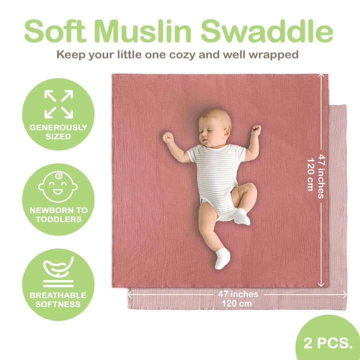 Organic Muslin Baby Blanket 2-Pack Rose & Peach, 47x47 Inch 100% Organic Cotton Oeko-TEX Certified Hypoallergenic Swaddle Blanket for Newborn Girls, Elegant Baby Girl Shower Gift