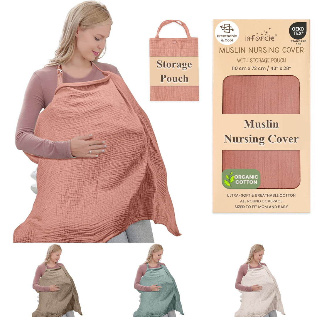 100% Organic Cotton Nursing Cover & Shawl - 43 x 28 Inch Breathable Muslin Breastfeeding Nursing Apron Cover with Arch Neckline for Mothers, Multi-use Carseat Canopy