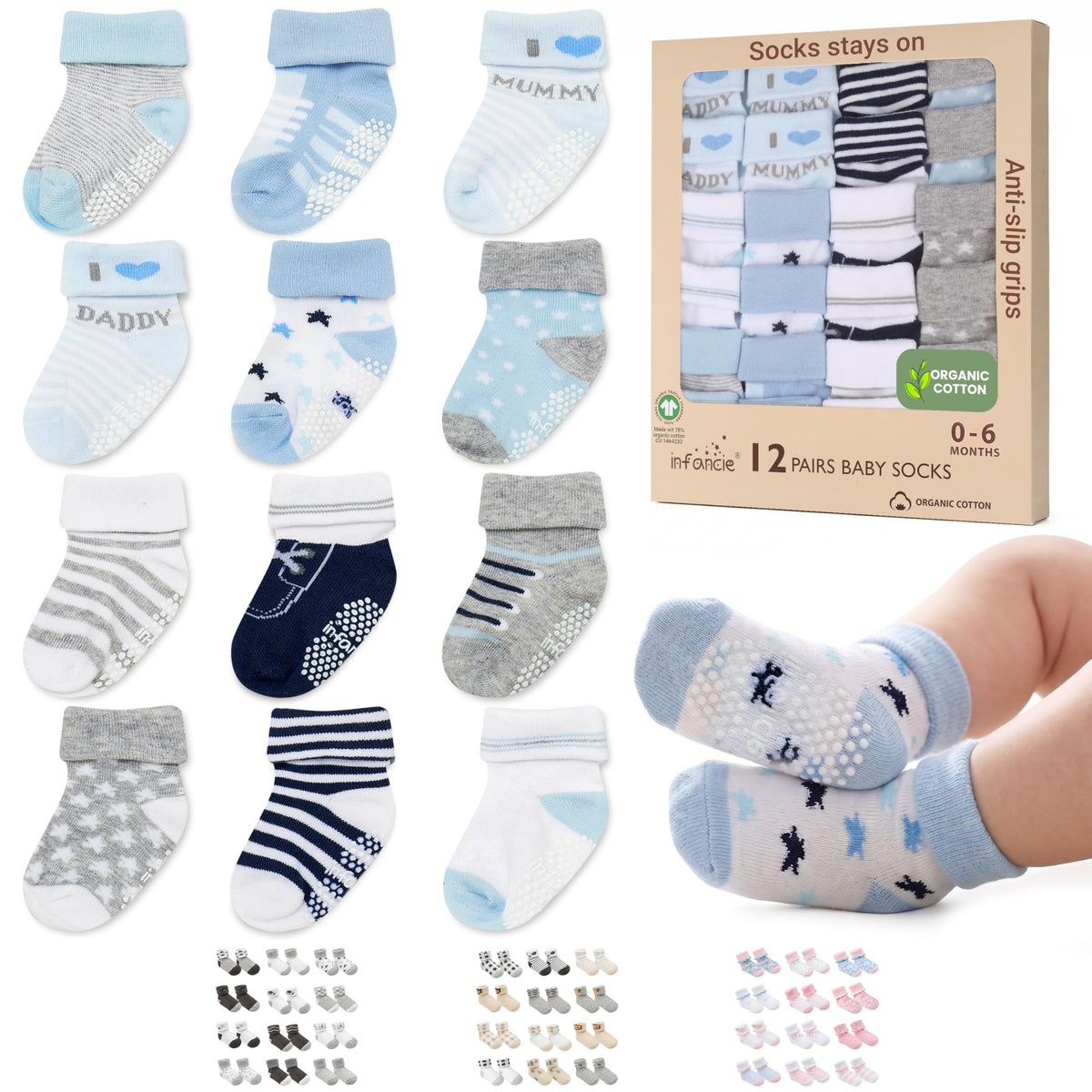 GOTS Certified Organic Cotton Rich Blend Baby Socks - 12 Pairs (6-12 Months)