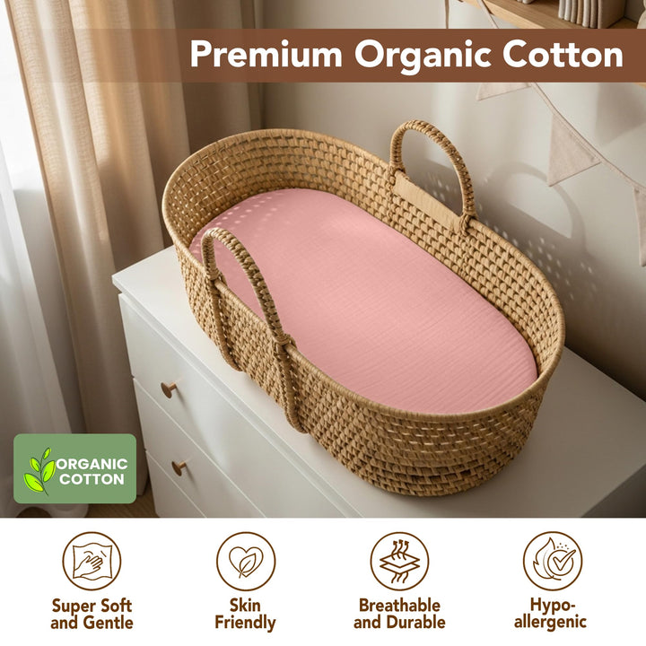 100% Organic Cotton Muslin Baby Bassinet Baby Sheet 33 X 17 Inch Soft Breathable Lightweight Stretchable Bed Sheet 2 Pack Gentle On Skin Durable Snug Fit Sheet for Newborn Bassinet Mattress