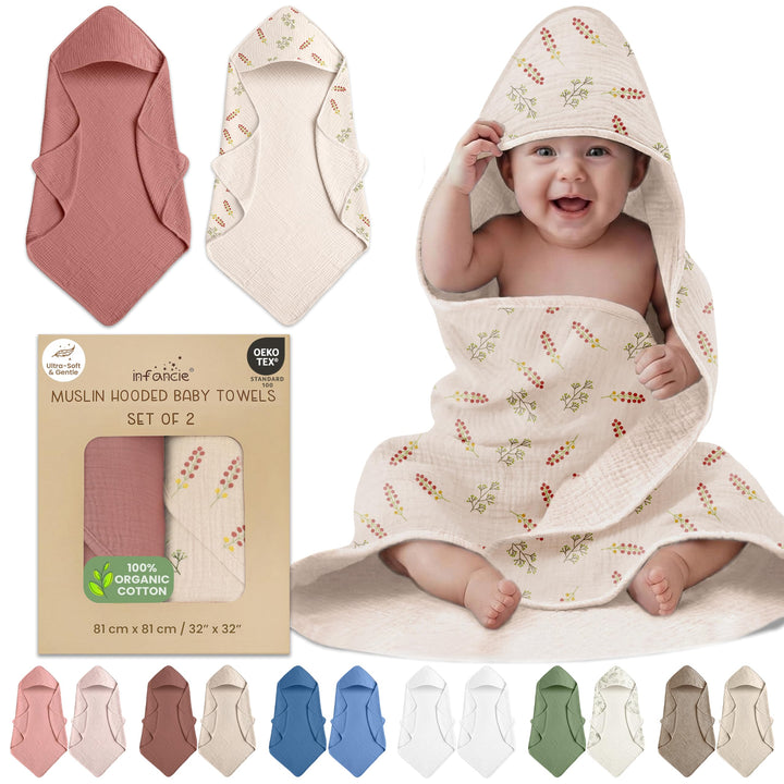 100% Organic Cotton Muslin Baby Hooded Towels 32x32 Inch – 2 Pack Soft & Absorbent Baby Towels for Newborn for Boys & Girls, Premium Hooded Towels, Ultra-Gentle Baby Essentials in Rose/Peach