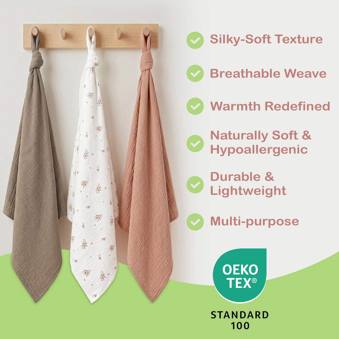 Organic Muslin Baby Blanket 2-Pack Rose & Peach, 47x47 Inch 100% Organic Cotton Oeko-TEX Certified Hypoallergenic Swaddle Blanket for Newborn Girls, Elegant Baby Girl Shower Gift