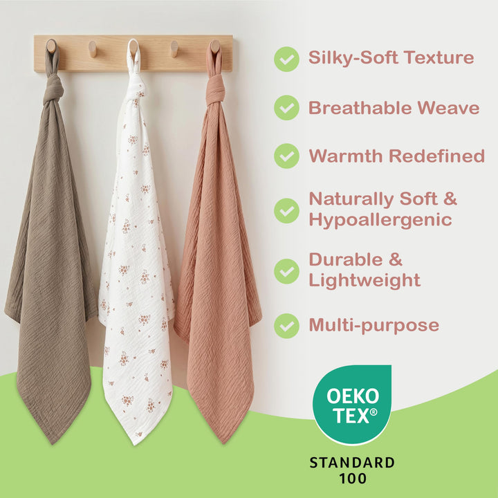 Organic Muslin Baby Blanket 2-Pack Rose & Peach, 47x47 Inch 100% Organic Cotton Oeko-TEX Certified Hypoallergenic Swaddle Blanket for Newborn Girls, Elegant Baby Girl Shower Gift