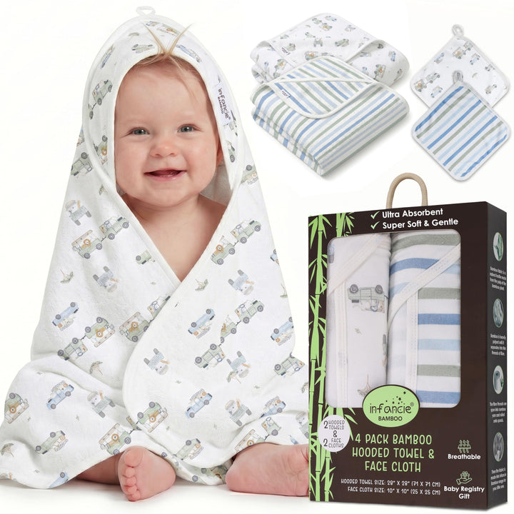 Organic Hooded Baby Towels with Washcloths – 2 Hooded Towel (28x28 inches) & 2 Washcloth (10x10 inches) – Ultra Soft, Absorbent & Cozy Cotton Bath Towels for Newborns and Infants