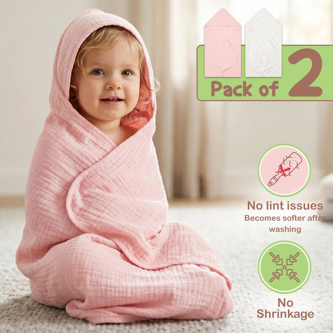 100% Organic Cotton Muslin Baby Hooded Towels 32x32 Inch – 2 Pack Soft & Absorbent Baby Towels for Newborn for Boys & Girls, Premium Hooded Towels, Ultra-Gentle Baby Essentials in Rose/Peach