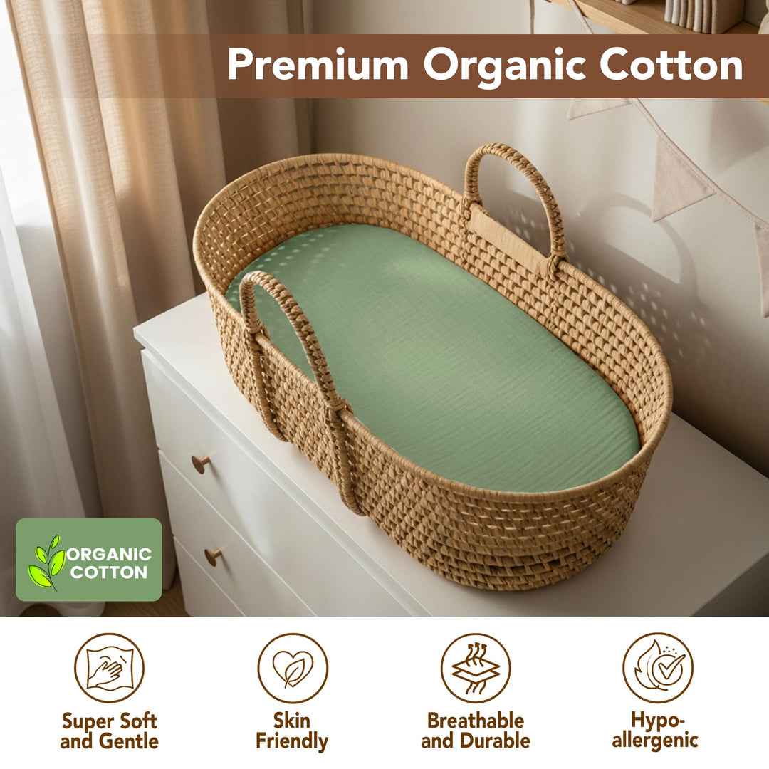 100% Organic Cotton Muslin Baby Bassinet Baby Sheet 33 X 17 Inch Soft Breathable Lightweight Stretchable Bed Sheet 2 Pack Gentle On Skin Durable Snug Fit Sheet for Newborn Bassinet Mattress