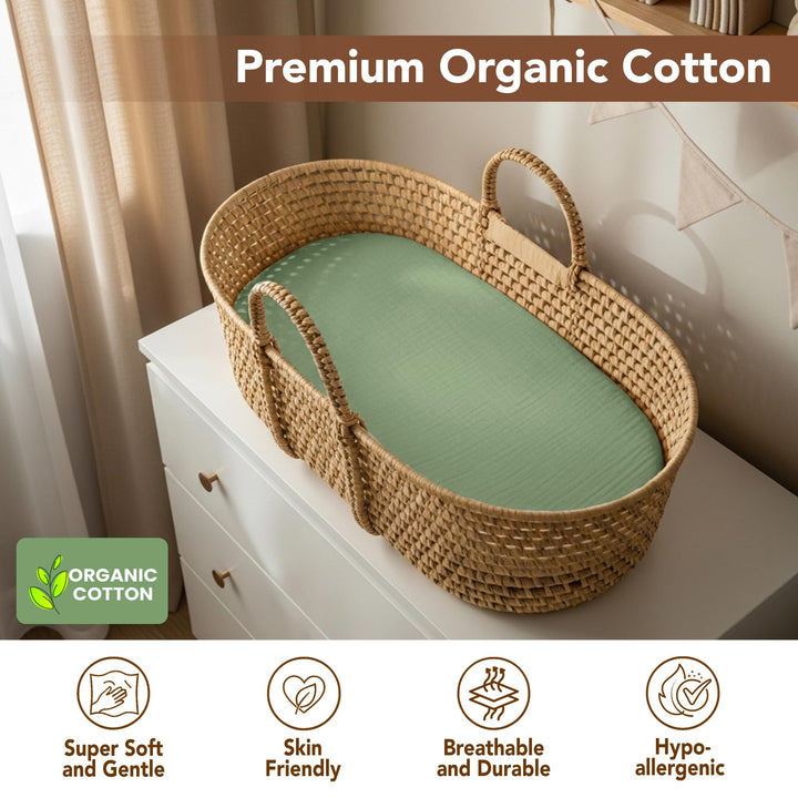 100% Organic Cotton Muslin Baby Bassinet Baby Sheet 33 X 17 Inch Soft Breathable Lightweight Stretchable Bed Sheet 2 Pack Gentle On Skin Durable Snug Fit Sheet for Newborn Bassinet Mattress