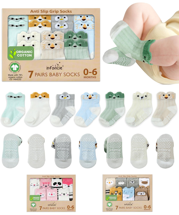Organic Cotton GOTS Certified Non-Slip Baby Socks 0-6 Months - 7 Pairs Soft Breathable Newborn Socks Animal Design For Infant