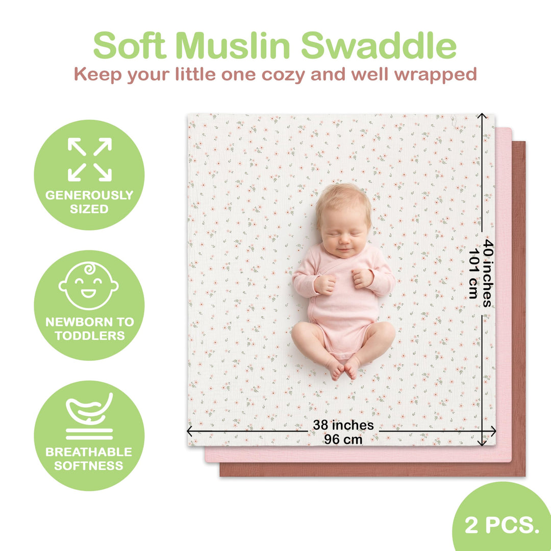 Organic Muslin Baby Blanket 2-Pack Rose & Peach, 47x47 Inch 100% Organic Cotton Oeko-TEX Certified Hypoallergenic Swaddle Blanket for Newborn Girls, Elegant Baby Girl Shower Gift