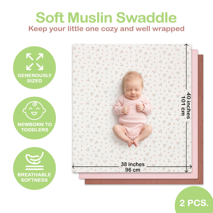Organic Muslin Baby Blanket 2-Pack Rose & Peach, 47x47 Inch 100% Organic Cotton Oeko-TEX Certified Hypoallergenic Swaddle Blanket for Newborn Girls, Elegant Baby Girl Shower Gift