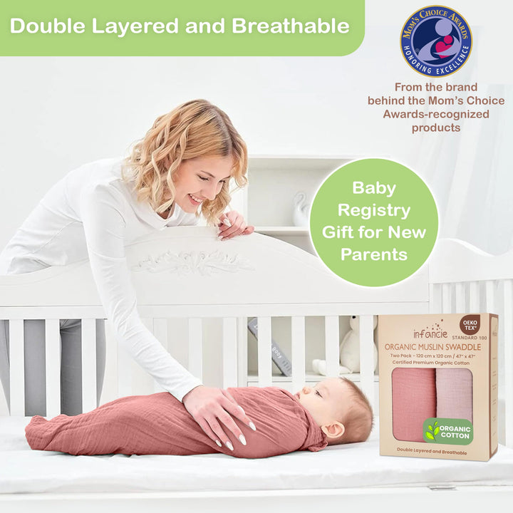 Organic Muslin Baby Blanket 2-Pack Rose & Peach, 47x47 Inch 100% Organic Cotton Oeko-TEX Certified Hypoallergenic Swaddle Blanket for Newborn Girls, Elegant Baby Girl Shower Gift