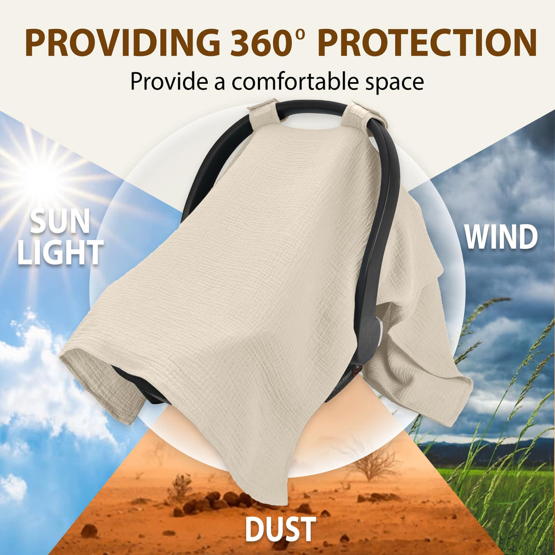 100% Organic Muslin Cotton Car Seat Cover 35 x 50 Inches Soft Touch Breathable Canopy, Protective Car Seat Cover Baby All Seasons Lightweight Car Seat Cover Travel Comfort (Ivory)