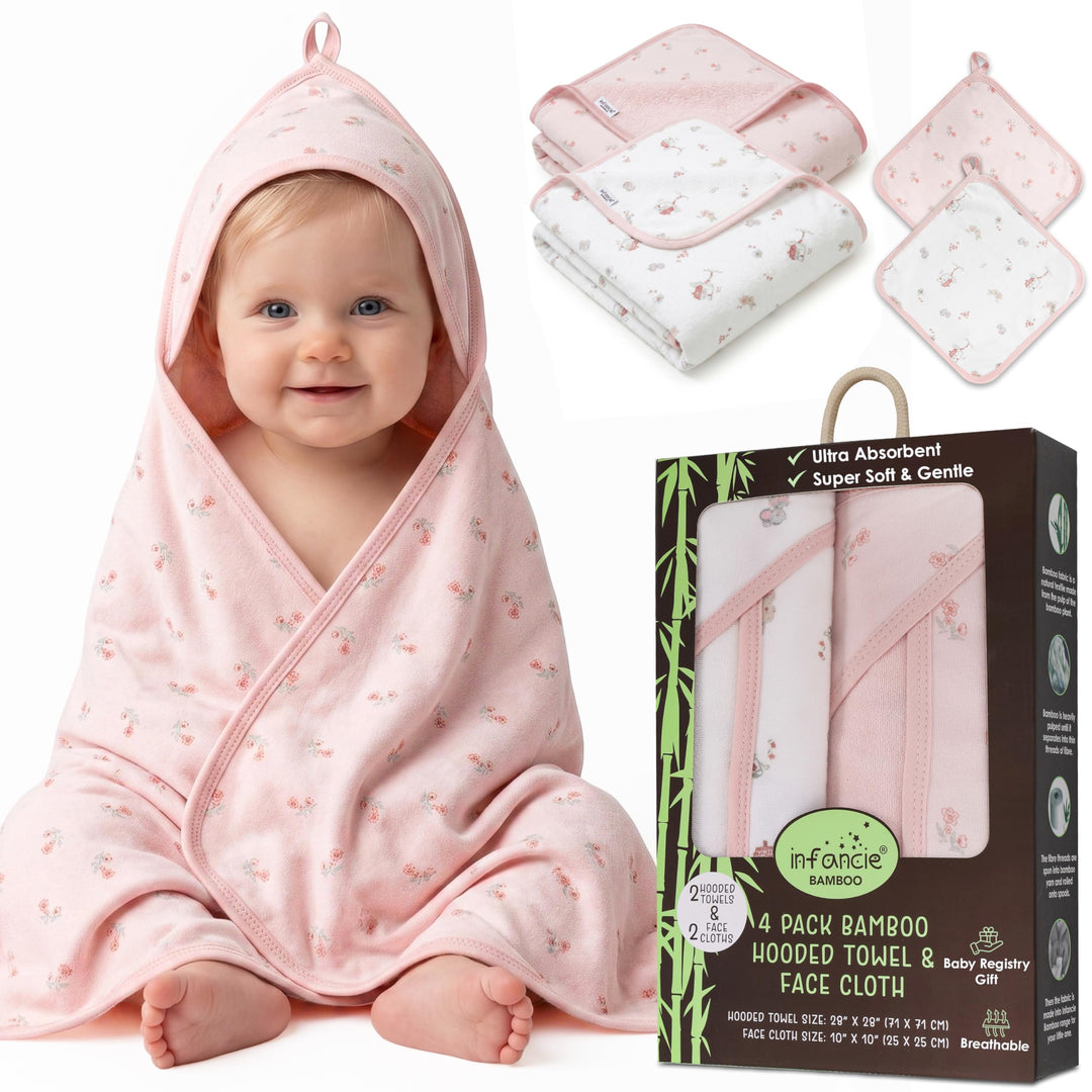 Organic Hooded Baby Towels with Washcloths – 2 Hooded Towel (28x28 inches) & 2 Washcloth (10x10 inches) – Ultra Soft, Absorbent & Cozy Cotton Bath Towels for Newborns and Infants