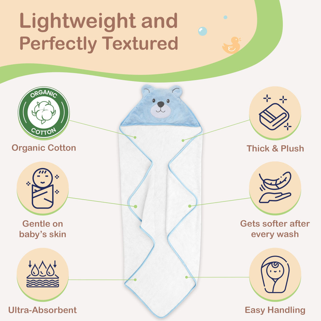 Mother's Choice Organic Baby Hooded Towel - Large Size, Cotton, Ultra-Soft & Absorbent Bath Towel for Newborns, Infants, Toddlers, Boys & Girls with Animal Hood (Blue Bear)