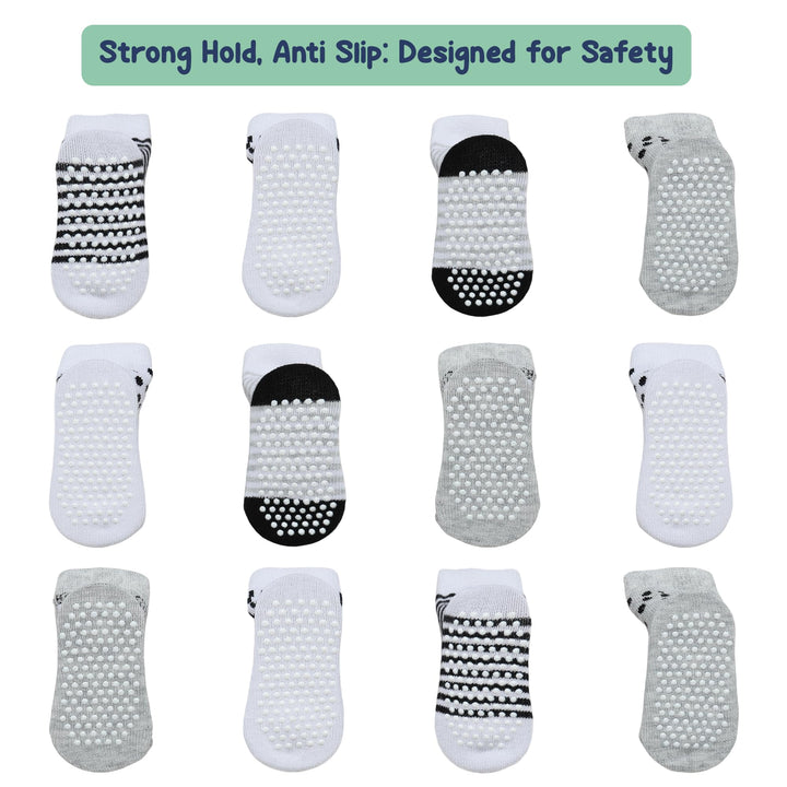 Mother's Choice Organic Cotton Baby Socks 6-12 Months, 12 Pairs Unisex Anti Slip - Soft & Hypoallergenic Baby Girl & Boys Socks (US, Age, 6 Months, 12 Months, Gray - White)