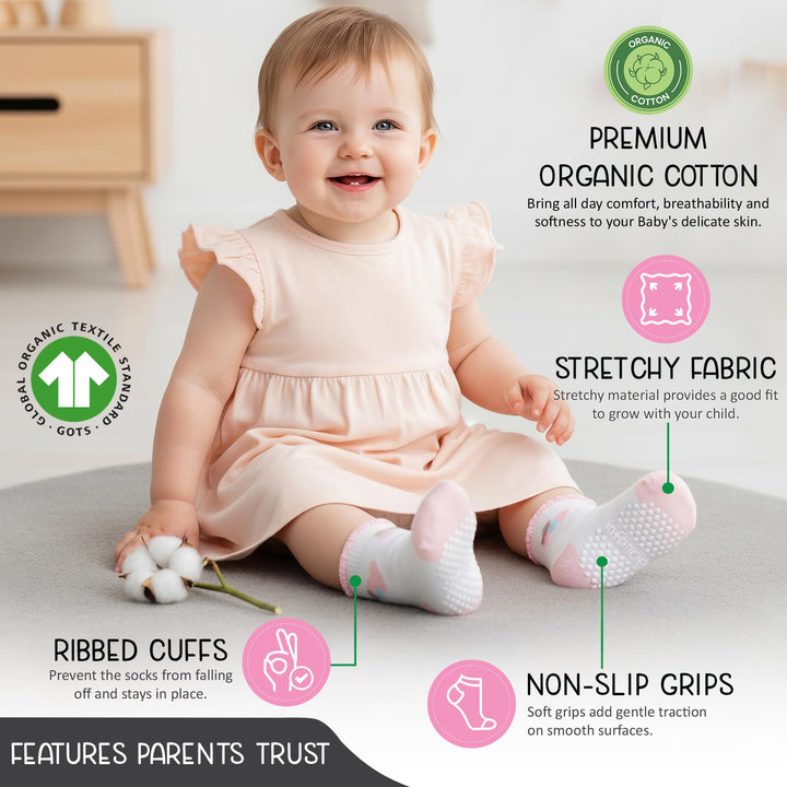 GOTS Certified Organic Cotton Rich Blend Baby Socks 12 Pairs For 0 - 6 (M) Baby Girl Soft, Stretchable & Comfortable Girl newborn Socks, Adorable Sock Shoes For Baby Girl, Gift For Little, Pink