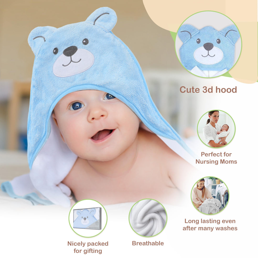 Mother's Choice Organic Baby Hooded Towel - Large Size, Cotton, Ultra-Soft & Absorbent Bath Towel for Newborns, Infants, Toddlers, Boys & Girls with Animal Hood (Blue Bear)