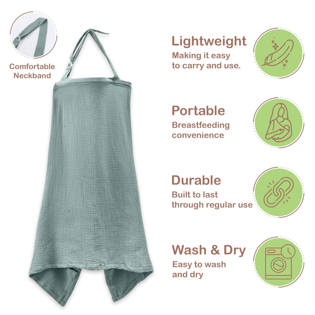 100% Organic Cotton Nursing Cover & Shawl - 43 x 28 Inch Breathable Muslin Breastfeeding Nursing Apron Cover with Arch Neckline for Mothers, Multi-use Carseat Canopy