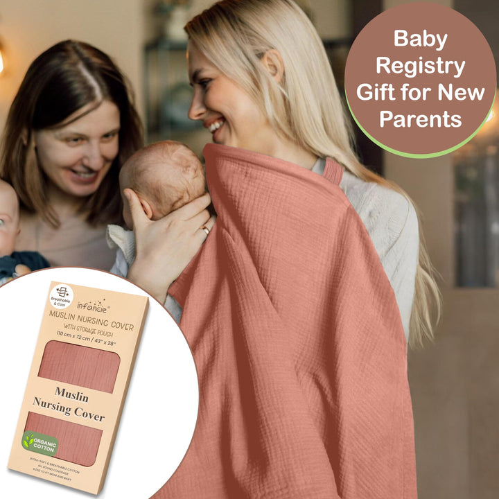 100% Organic Cotton Nursing Cover & Shawl - 43 x 28 Inch Breathable Muslin Breastfeeding Nursing Apron Cover with Arch Neckline for Mothers, Multi-use Carseat Canopy