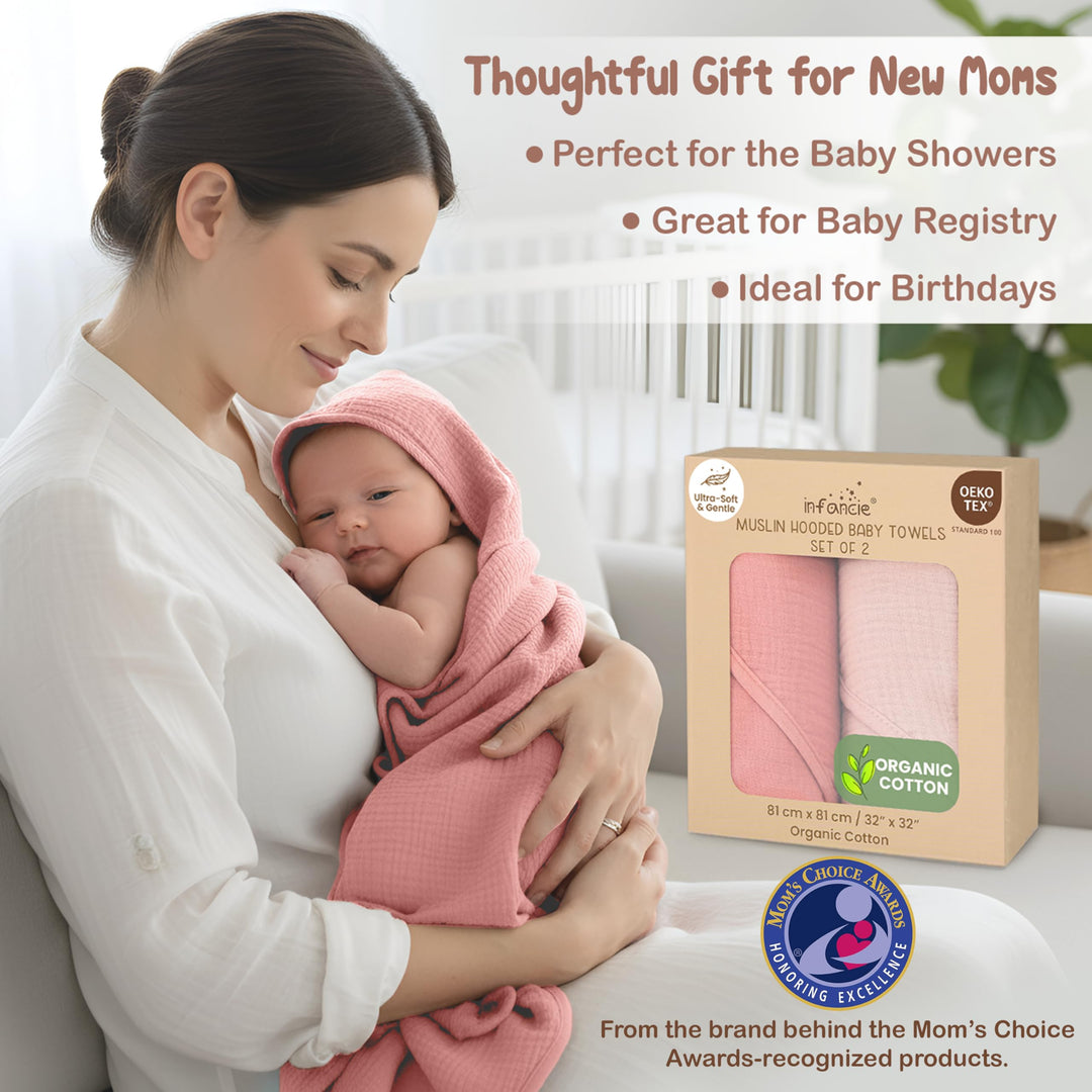 100% Organic Cotton Muslin Baby Hooded Towels 32x32 Inch – 2 Pack Soft & Absorbent Baby Towels for Newborn for Boys & Girls, Premium Hooded Towels, Ultra-Gentle Baby Essentials in Rose/Peach