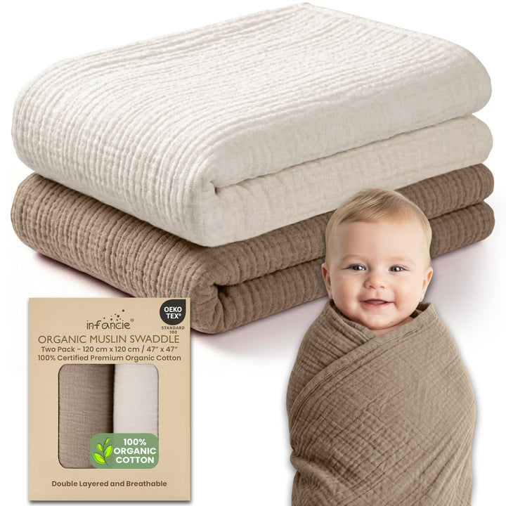 Organic Muslin Baby Blanket 2-Pack Rose & Peach, 47x47 Inch 100% Organic Cotton Oeko-TEX Certified Hypoallergenic Swaddle Blanket for Newborn Girls, Elegant Baby Girl Shower Gift
