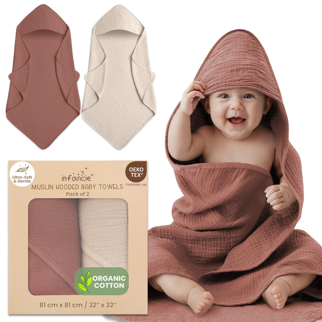 Infancie Organic Cotton Muslin Baby Hooded Towels