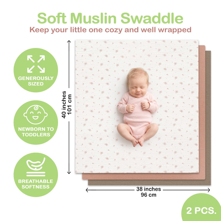 Organic Muslin Baby Blanket 2-Pack Rose & Peach, 47x47 Inch 100% Organic Cotton Oeko-TEX Certified Hypoallergenic Swaddle Blanket for Newborn Girls, Elegant Baby Girl Shower Gift
