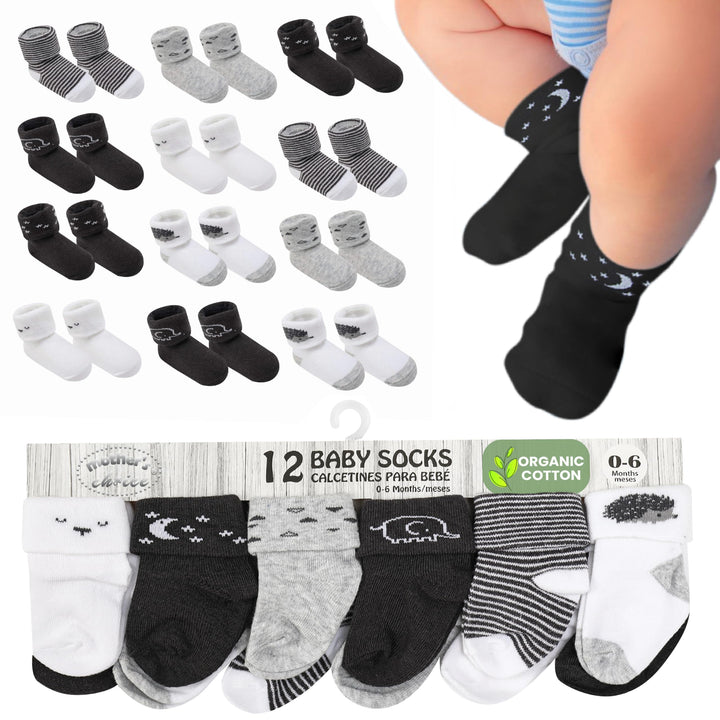 Mother's Choice Organic Cotton Baby Socks, 12 Pairs, Unisex 0-6 Months - Soft, Hypoallergenic Newborn & Infant Socks - Baby Girl & Boy Gifts