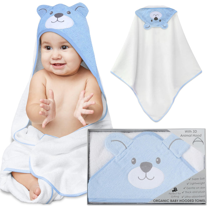 Mother's Choice Organic Baby Hooded Towel - Large Size, Cotton, Ultra-Soft & Absorbent Bath Towel for Newborns, Infants, Toddlers, Boys & Girls with Animal Hood (Blue Bear)