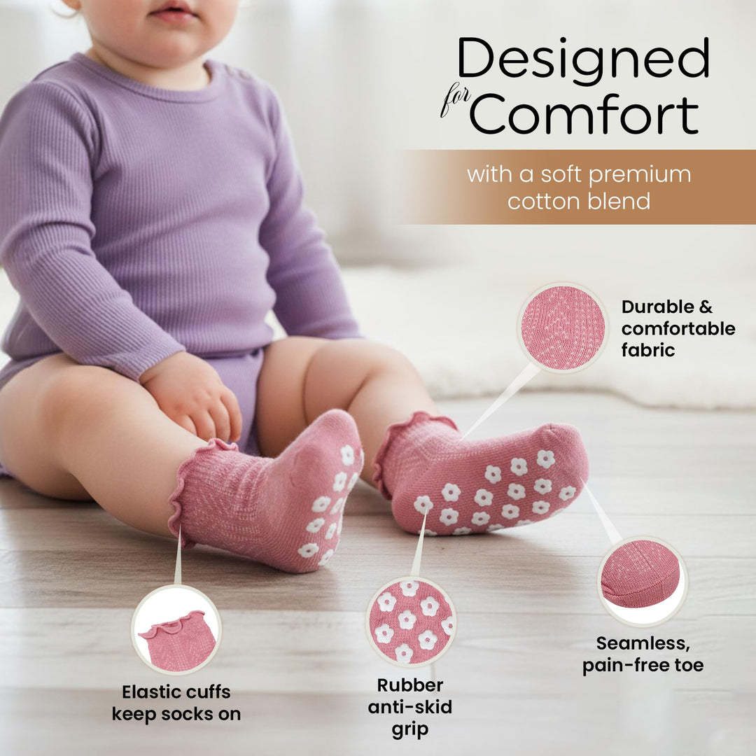 Mother's Choice Baby Ruffle Socks 6 Pair – Soft and Comfortable Baby Socks 6-12 Months | Cute Sock for Girls | Non-Slip & Breathable | Gift for Babies (US, Age, 6 Months, 12 Months, Rainbow)