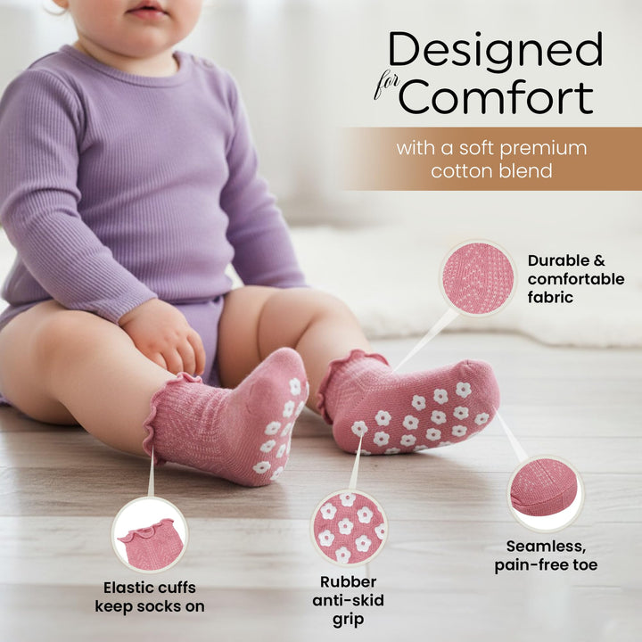 Mother's Choice Baby Ruffle Socks 6 Pair – Soft and Comfortable Baby Socks 6-12 Months | Cute Sock for Girls | Non-Slip & Breathable | Gift for Babies (US, Age, 6 Months, 12 Months, Rainbow)