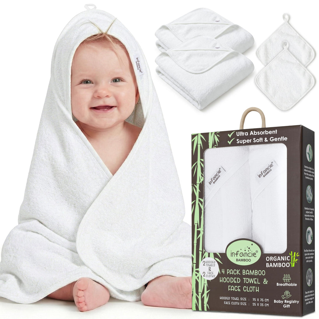 Organic Bamboo Hooded Baby Towels with Washcloths – 1 Hooded Towel (30x30 inches) & 1 Washcloth (10x10 inches) – Ultra Soft, Absorbent & Cozy Bath Towels Set for Newborns and Infants